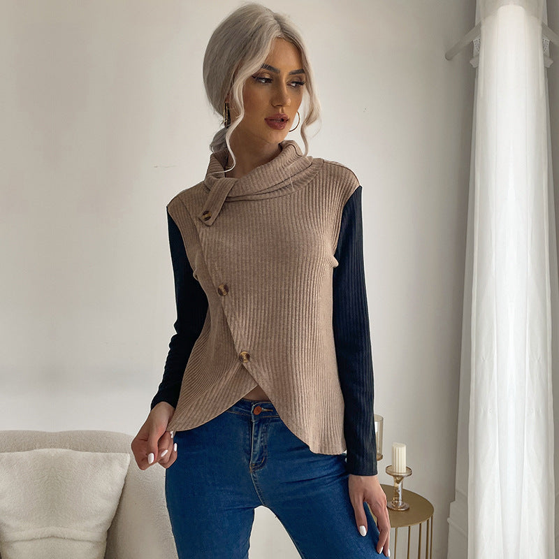 Damen Asymmetrisches Rippenstrick-Layering-Top mit Rollkragen und Zierknopfleiste Drune