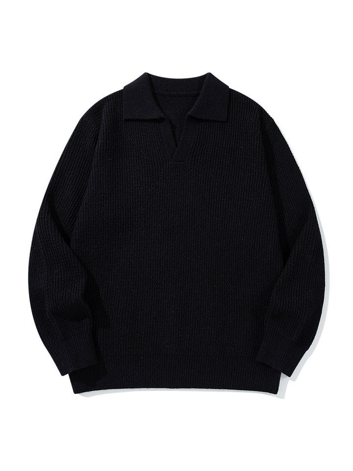 Herren Grobgestrickter Polokragen-Pullover mit V‑Ausschnitt und Rippenbündchen Drune