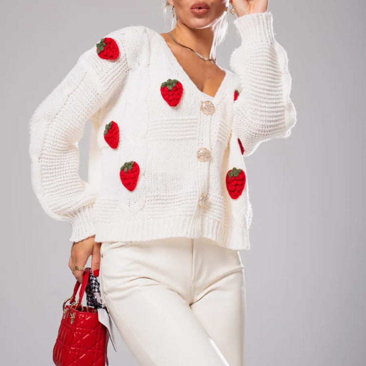 Damen Kurzgeschnittene Strickjacke mit V‑Ausschnitt und gehäkelten Erdbeerapplikationen Drune