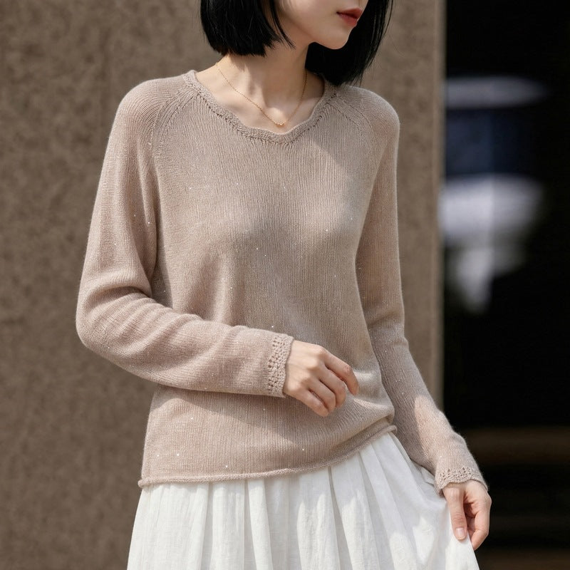 Damen leichter Feinstrickpullover mit dezenter Glitzeroptik und Raglanärmeln Drune