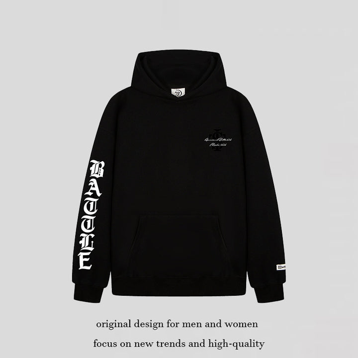 Unisex Oversize-Kapuzenpullover mit Gothic-Ärmelprint und Kängurutasche Drune