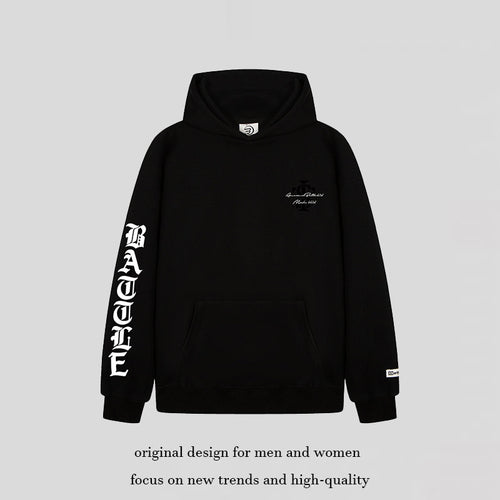 Unisex Oversize-Kapuzenpullover mit Gothic-Ärmelprint und Kängurutasche Drune