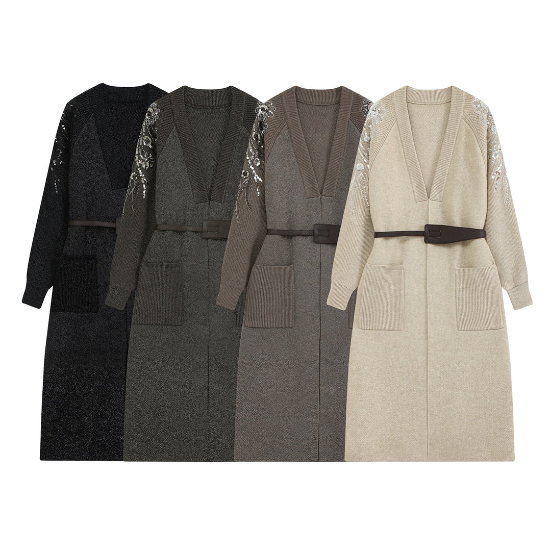 Damen Lange Strickjacke mit Gürtel, tiefem V‑Ausschnitt und bestickten Paillettenärmeln Drune