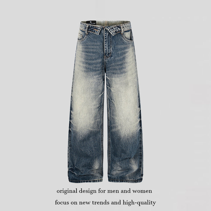 Damen Weite hochgeschnittene Jeanshose im Palazzo‑Schnitt mit Used‑Waschung Drune