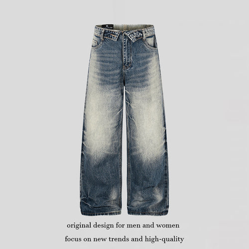 Damen Weite hochgeschnittene Jeanshose im Palazzo‑Schnitt mit Used‑Waschung Drune