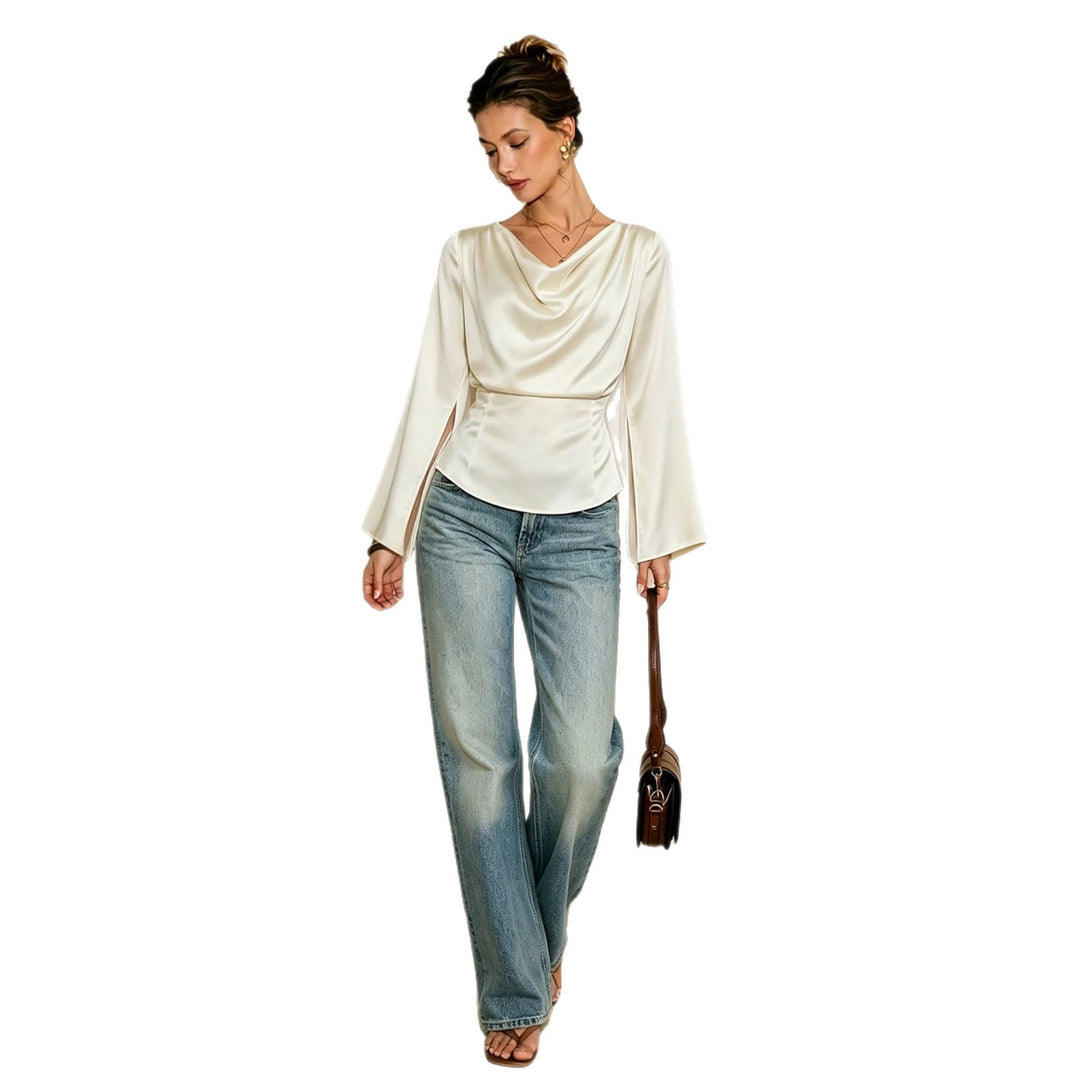 Damen elegante Satinbluse mit Wasserfallausschnitt, taillierter Silhouette und langen Ärmelschlitzen Drune