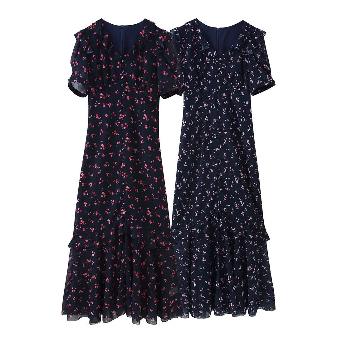 Damen Maxikleid mit Volants, V-Ausschnitt und floralem Chiffon-Look Drune