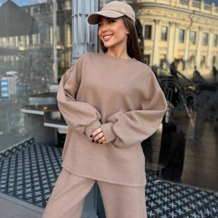 Damen Weiches Oversized-Strick-Loungewear-Set mit legerem Rundhals-Pullover und weiter Komforthose Drune