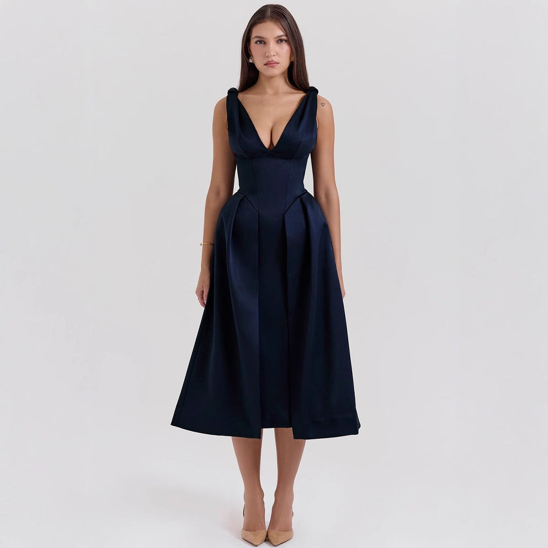 Damen Elegantes Wickelkleid mit tiefem V-Ausschnitt und schwingendem Rock Drune