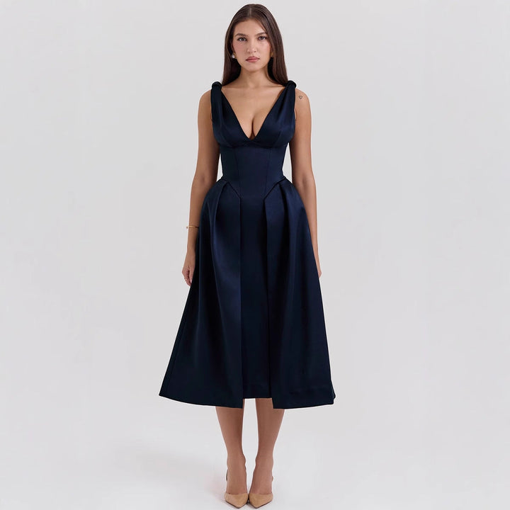 Damen Elegantes Wickelkleid mit tiefem V-Ausschnitt und schwingendem Rock Drune