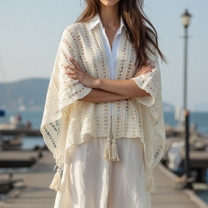 Damen luftiger Strickponcho mit Fransen Drune