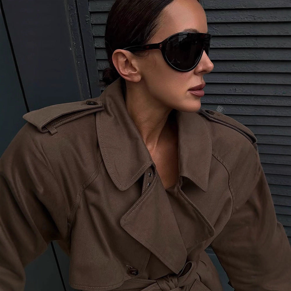 Damen eleganter Trenchcoat mit Taillengürtel und hochgeschlossenem Kragen Drune