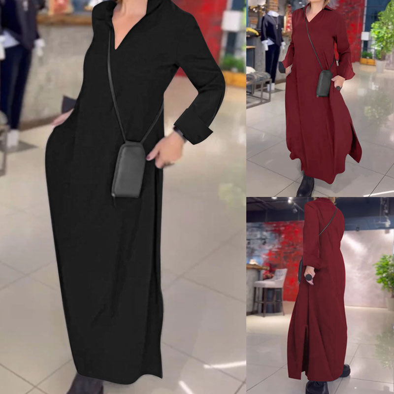 Damen Kragenblusenkleid mit V-Ausschnitt, Eingrifftaschen und seitlichen Schlitzen Drune