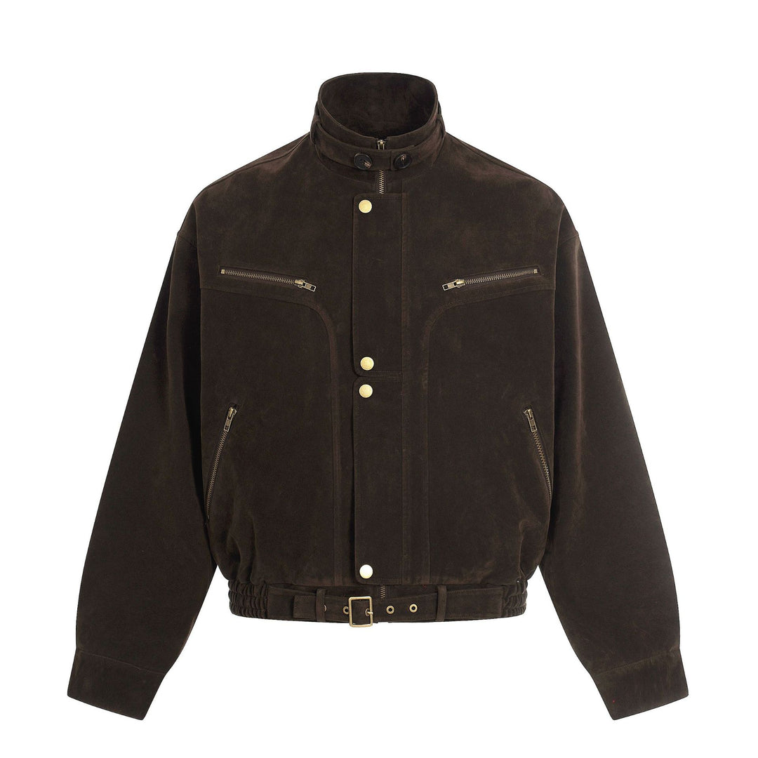 Herren Veloursleder-Blouson im Aviator‑Stil mit Stehkragen, Taillenriegel und Reißverschlusstaschen Drune
