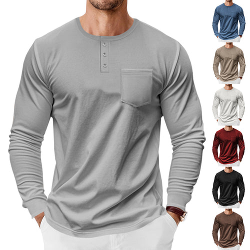 Herren nan Langarm-Henleyshirt mit Brusttasche und feinem Baumwollstretch-Schnitt Drune