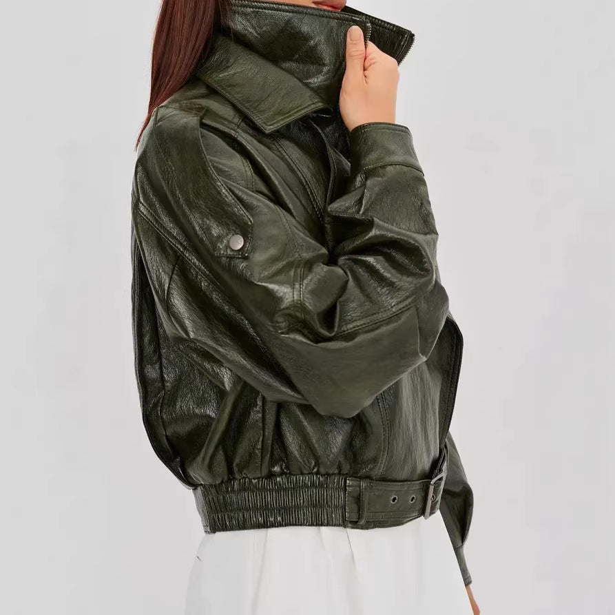 Damen Modische Lederjacke mit Hüftgürtel