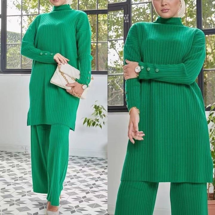 Damen lässiger Strickanzug mit Stehkragen und Knopfdetails Drune