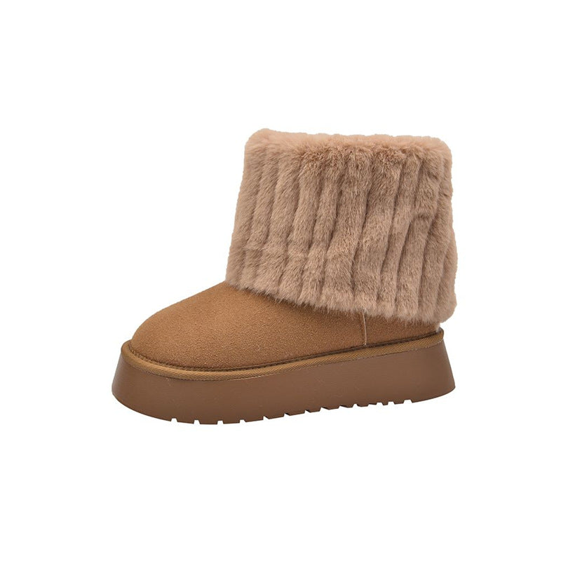 Damen Gefütterte Plateau-Ankle-Boots aus Veloursimitat mit umschlagbarem Kunstfellrand Drune