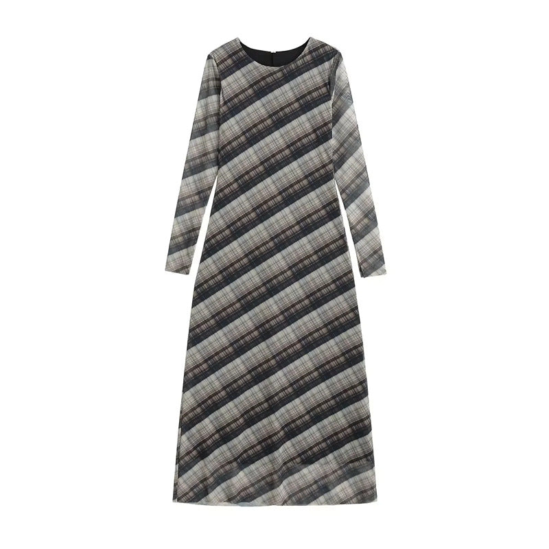 Damen nan langes Maxikleid mit diagonalem Karomuster, Rundhalsausschnitt und langem Ärmel Drune