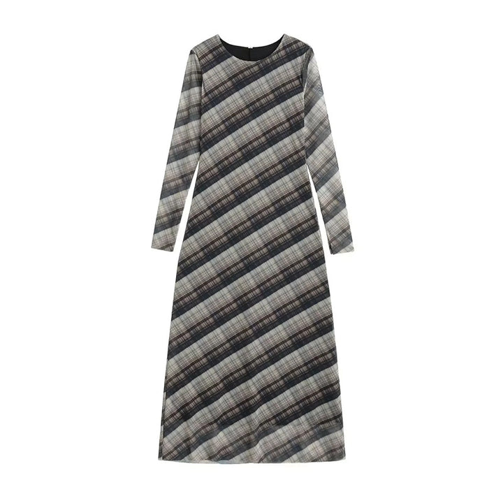Damen nan langes Maxikleid mit diagonalem Karomuster, Rundhalsausschnitt und langem Ärmel Drune