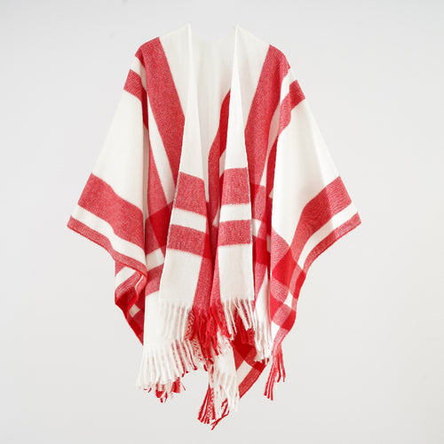 Damen Weichfallender Capeponcho aus Wollmix mit Blockkaro und Fransensaum Drune