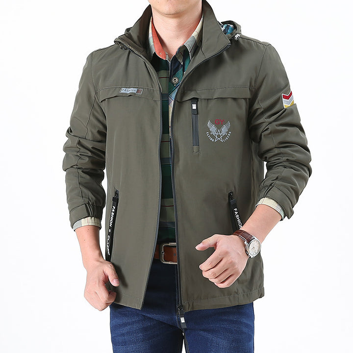 Herren leichte wasserabweisende Softshell-Kapuzenjacke mit Reißverschlusstaschen und Ärmeldetail Drune