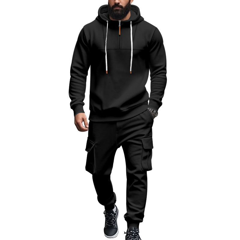 Herren nan Kapuzensweatshirt- und Jogger-Set im Cargo‑Stil mit kurzem Brustreißverschluss und aufgesetzten Klappentaschen Drune