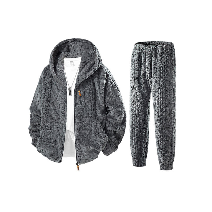Herren Kuscheliges Sherpa-Fleece Set mit Kapuzenjacke und Strick‑Optik Jogginghose Drune