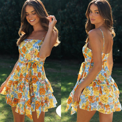 Damen Minikleid mit fließendem Rock und verspieltem floralen Muster Drune