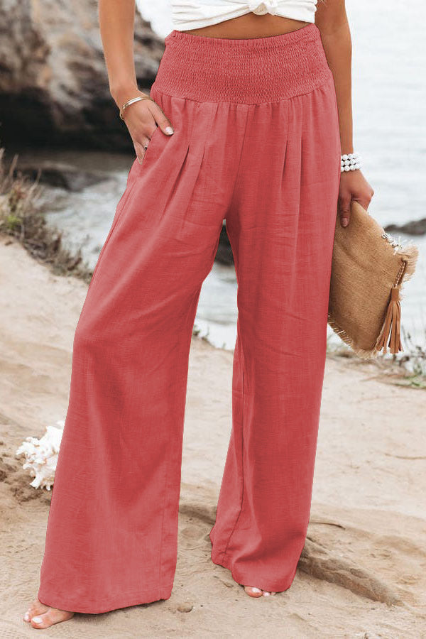 Damen weite Leinenhose mit elastischem Bund und Falten Drune