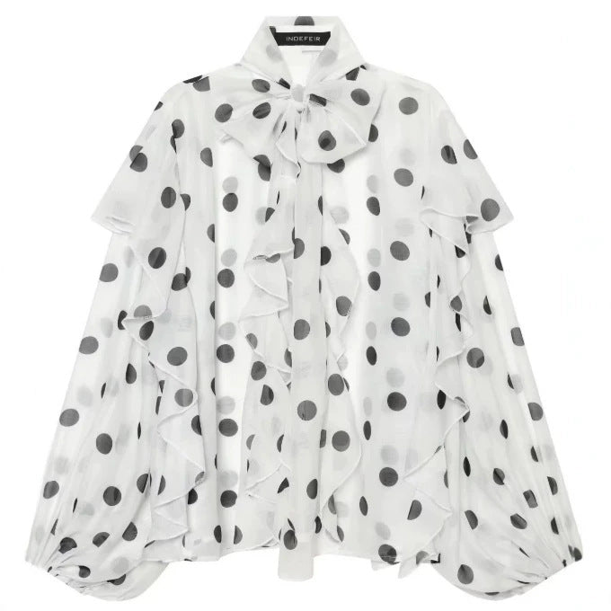Damen Chiffonbluse mit Volant‑Rüschen, Schleifenkragen und Ballonärmeln Drune
