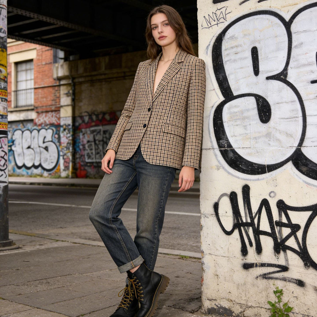 Damen Karo-Sakko im modernen Tailoring mit Reverskragen, zwei-Knopf-Verschluss und gefütterten Pattentaschen Drune