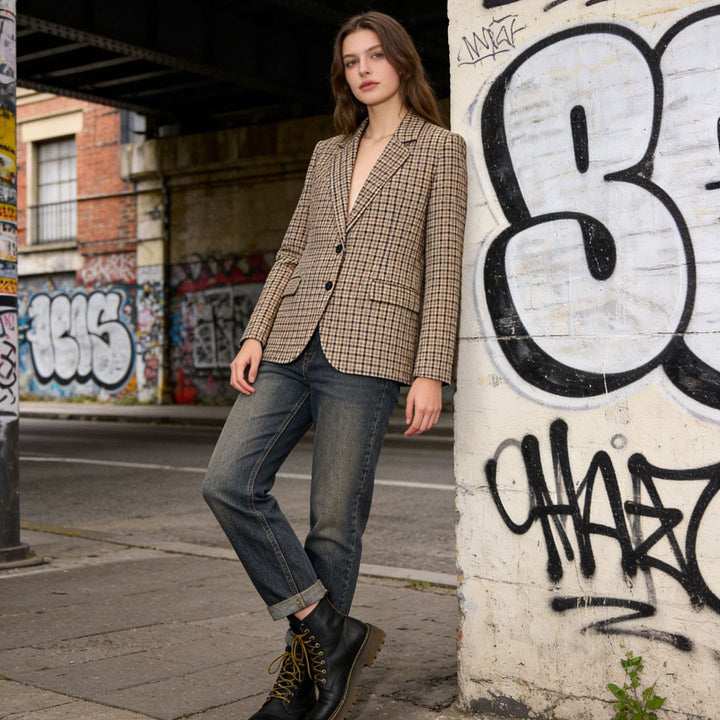 Damen Karo-Sakko im modernen Tailoring mit Reverskragen, zwei-Knopf-Verschluss und gefütterten Pattentaschen Drune