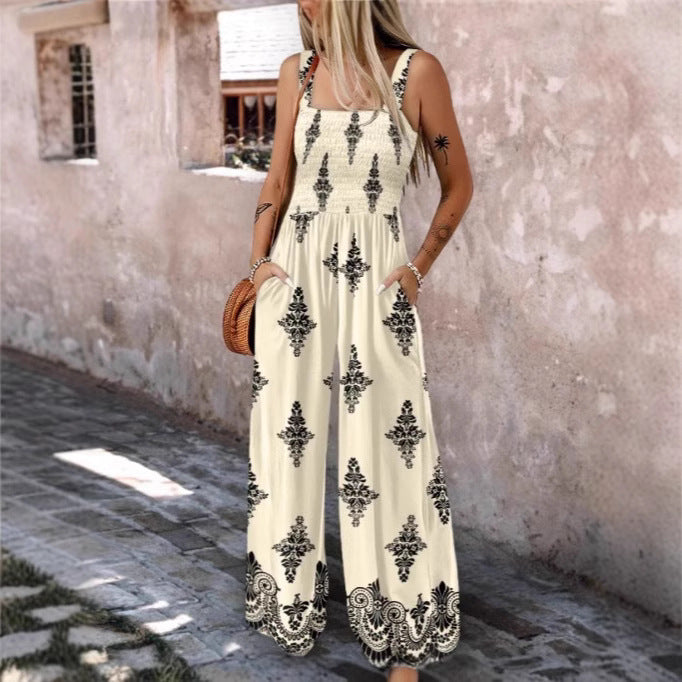 Damen luftiger Jumpsuit mit floralem Design und praktischen Taschen Drune