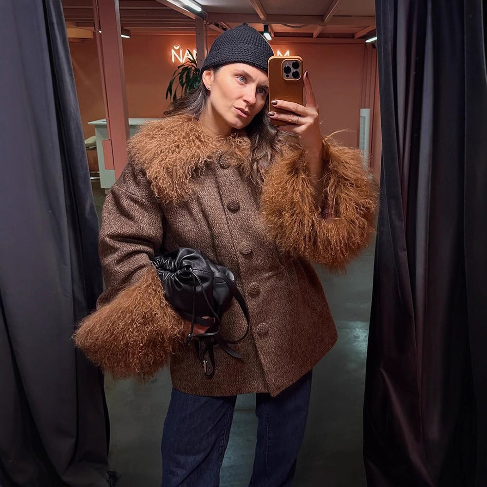 Damen Oversize Wollmix-Marka Mantel mit voluminösem Lammfellimitatkragen und extra weitem Ärmelabschluss Drune