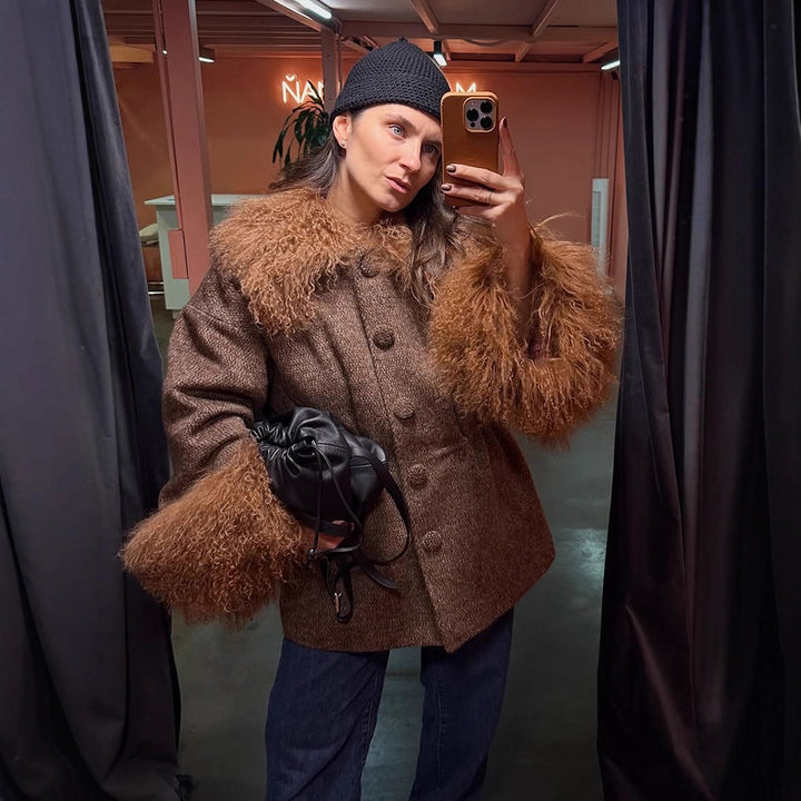 Damen Oversize Wollmix-Marka Mantel mit voluminösem Lammfellimitatkragen und extra weitem Ärmelabschluss Drune