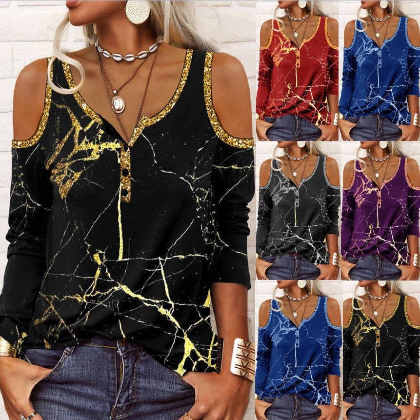 Damen Off-Shoulder Langarm Henley-Oberteil mit Marmorprint und Paillettenbesatz Drune