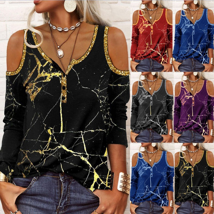 Damen Off-Shoulder Langarm Henley-Oberteil mit Marmorprint und Paillettenbesatz Drune