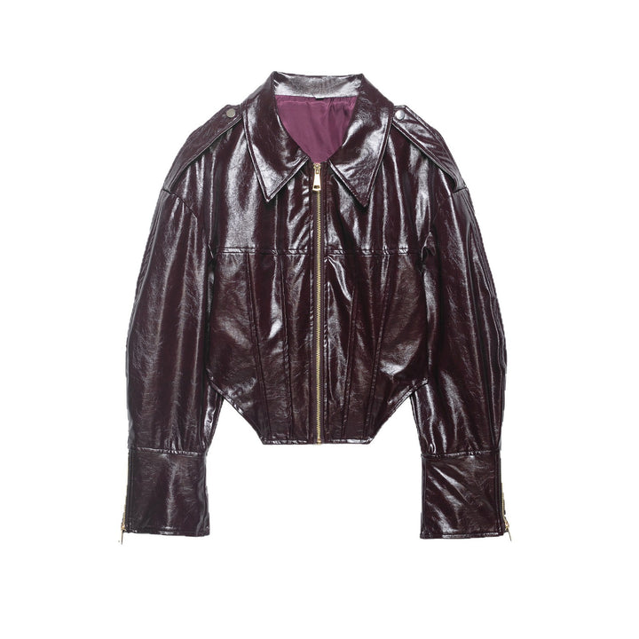 Damen Glänzende Cropped Bikerjacke in Lackoptik mit Schulterklappen und Zip-Ärmeln Drune