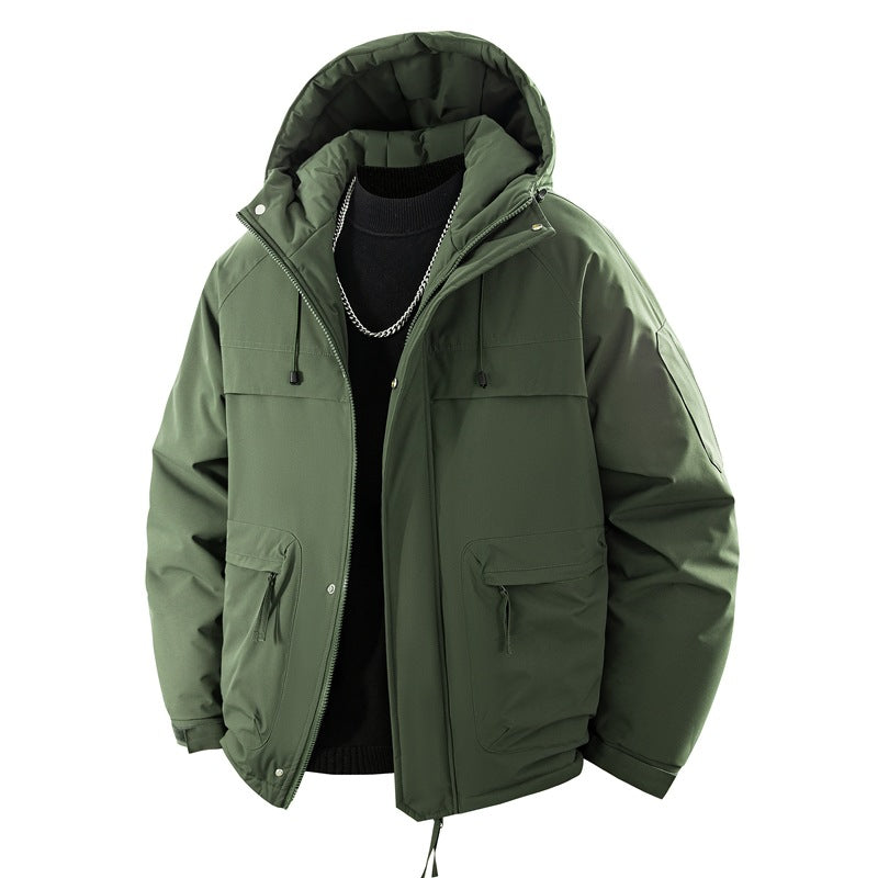 Herren wattierter Kapuzenparka mit hoher Stehkragenlösung, verstellbarem Kordelzug und multifunktionalen Außentaschen Drune