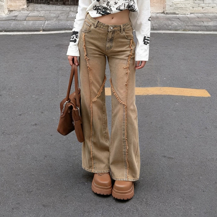 Damen weite Jeanshose mit fransigen Details Drune