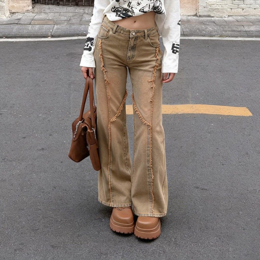Damen nan hochgeschnittene Wide‑Leg Jeans mit offenen Saumnähten, diagonalem Fransenbesatz und Relaxed Fit Drune