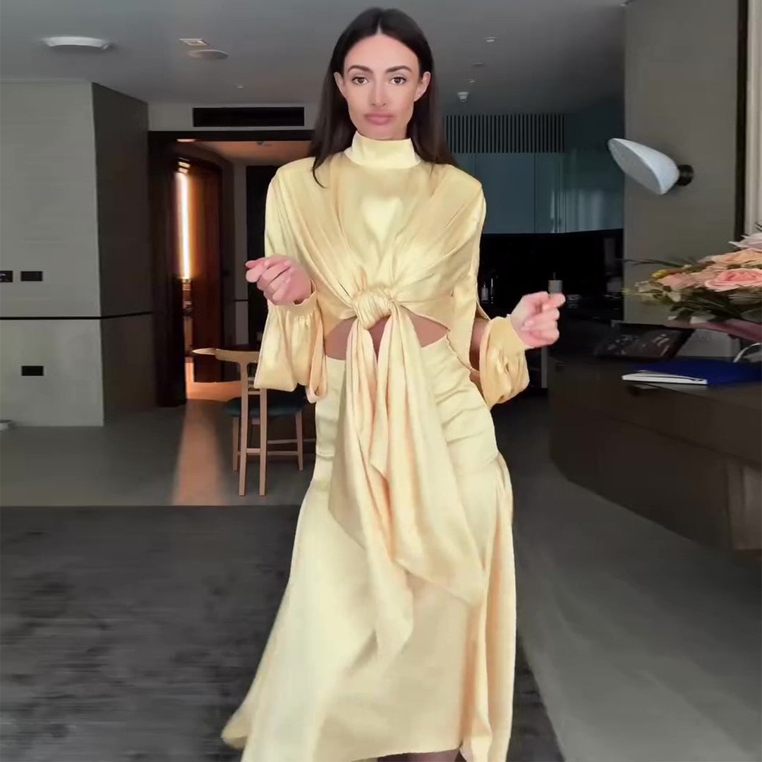 Damen elegantes Wickelkleid mit modischen Cut-Out-Details und voluminösen Ärmeln Drune