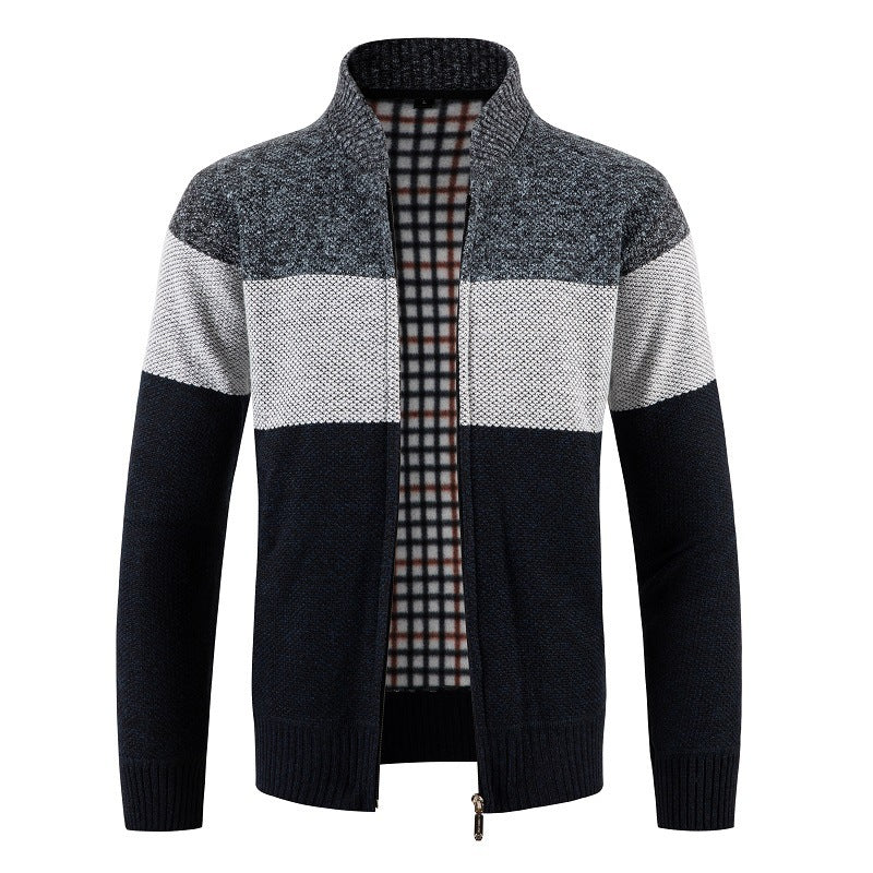 Herren modische Strickjacke mit kontrastierenden Streifen und gestepptem Innenfutter Drune