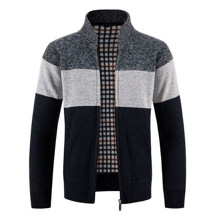 Herren modische Strickjacke mit kontrastierenden Streifen und gestepptem Innenfutter Drune