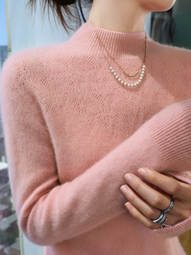 Damen Schlanker minimalistischer Stehkragen-Feinstrickpullover mit geripptem Hals Drune