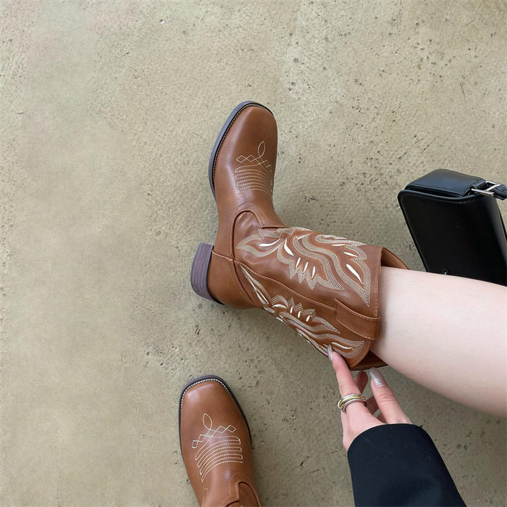 Damen Western-Cowboy-Boots mit aufwendiger Stickerei, mittlerer Schafthöhe und robuster Blockabsatz Drune