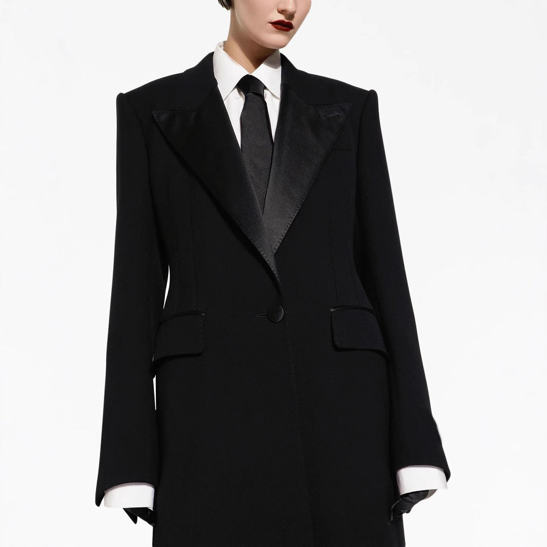 Damen Eleganter Smoking-Hosenanzug mit langem Mantel und weiten Bundfaltenhosen Drune