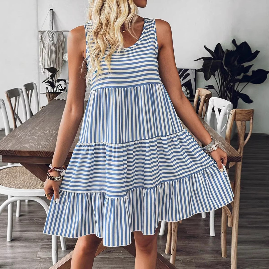 Damen Freizeitkleid mit modischem Streifenmuster und Rüschensaum Drune