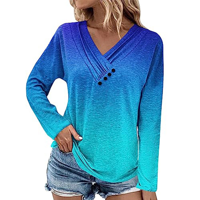 Damen Gerippter V-Ausschnitt Pullover mit Farbverlauf, Zierknöpfen und legerer Passform Drune